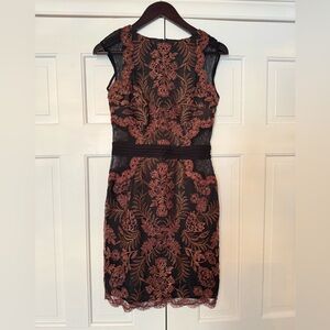 Tadashi Shoji Black Mesh Cocktail Dress Size 2 | Rose Floral Lace Sheath